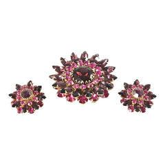 Vintage Judy Lee Fuchsia Brooch and Clip-on Earrings Jewelry Set, Fuchsia &amp; Amethyst Rhinestones Gold Tone Demi-Parure