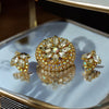 Verified Juliana #1402 vintage clear rhinestone and gold-tone floral brooch with matching clip-on earrings. The brooch features dimensional layered rings of clear chaton and AB rhinestones, with marquise rhinestones encircling the center. Earrings showcase a leaf-shaped design with marquise rhinestones and AB chaton accents. Mid-century elegance from the late 1950s or early 1960s.