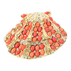 Vintage Rare Kenneth J. Lane Faux Coral & Rhinestone Scallop Sea Shell Brooch 