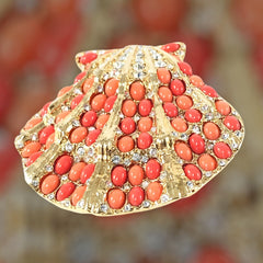 Vintage Rare Kenneth J. Lane Faux Coral & Rhinestone Scallop Sea Shell Brooch 