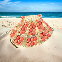 Vintage Rare Kenneth J. Lane Faux Coral & Rhinestone Scallop Sea Shell Brooch 