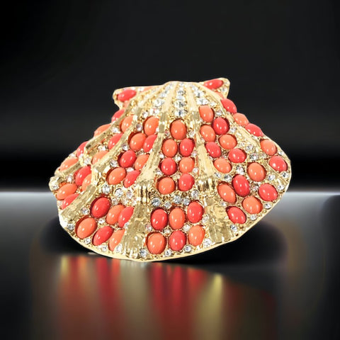 Vintage Rare Kenneth J. Lane Faux Coral & Rhinestone Scallop Sea Shell Brooch 