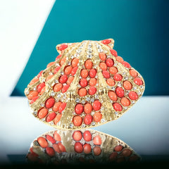 Vintage Rare Kenneth J. Lane Faux Coral & Rhinestone Scallop Sea Shell Brooch 