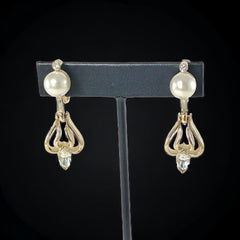 Vintage Kramer Faux Pearl & Rhinestone Gold Tone Dangle Screw Back Earrings