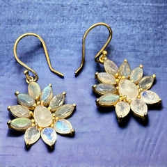 Vintage Labradorite & Moonstone Floral Dangle Pierced Earrings