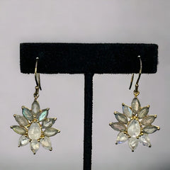 Vintage Labradorite & Moonstone Floral Dangle Pierced Earrings