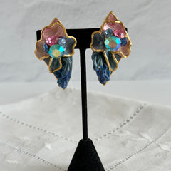 Vintage Amy Lacombe 1988 sculptural blue and pink clay clip earrings with 24K gold trim and rhinestones.