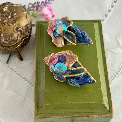 Vintage Amy Lacombe 1988 sculptural blue and pink clay clip earrings with 24K gold trim and rhinestones.
