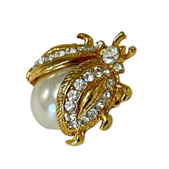 Vintage Ladybug Faux Pearl Rhinestone Gold Tone Small Brooch