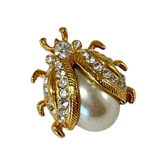 Vintage Ladybug Faux Pearl Rhinestone Gold Tone Small Brooch