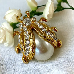 Vintage Ladybug Faux Pearl Rhinestone Gold Tone Small Brooch