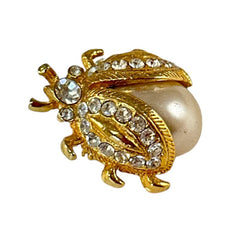 Vintage Ladybug Faux Pearl Rhinestone Gold Tone Small Brooch