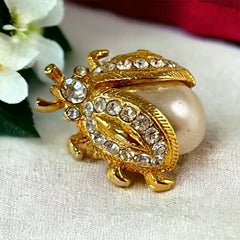 Vintage Ladybug Faux Pearl Rhinestone Gold Tone Small Brooch