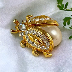 Vintage Ladybug Faux Pearl Rhinestone Gold Tone Small Brooch