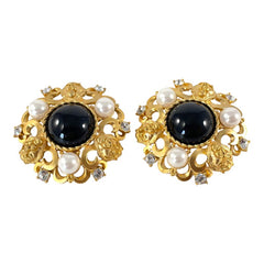 Vintage Landau Black Cabochon Faux Pearls & Rhinestones Lion Clip-on Earrings