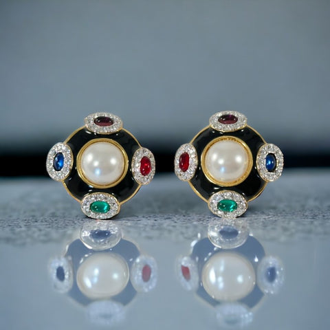 Vintage Landau Black Enamel Multicolor Cabochons & Faux Mabe Pearl Square Clip-On Earrings