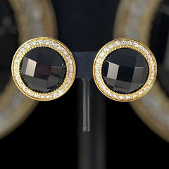 Vintage Landau Faceted Black Cabochon &amp; Clear Rhinestones Gold Tone Clip-on Earrings