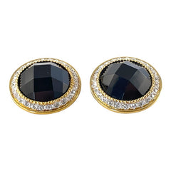 Vintage Landau Faceted Black Cabochon &amp; Clear Rhinestones Gold Tone Clip-on Earrings