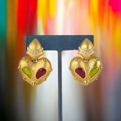 Vintage Landau Matte Gold Tone Heart Dangle Statement Clip-on Earrings