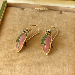 Vintage Laurel Burch “Barbee’s Blossom” earrings with pink and green enamel petal-shaped design and gold‑tone hooks.