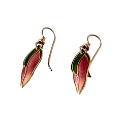 Vintage Laurel Burch “Barbee’s Blossom” earrings with pink and green enamel petal-shaped design and gold‑tone hooks.