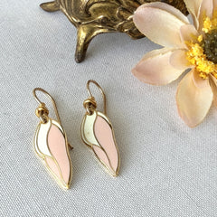 Vintage Laurel Burch “Barbee’s Blossom” Pink & White Enamel Gold‑Tone Dangle Earrings, 1980s
