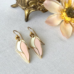 Vintage Laurel Burch “Barbee’s Blossom” Pink & White Enamel Gold‑Tone Dangle Earrings, 1980s