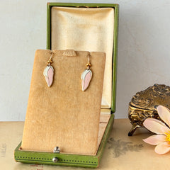 Vintage Laurel Burch “Barbee’s Blossom” Pink & White Enamel Gold‑Tone Dangle Earrings, 1980s