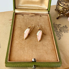 Vintage Laurel Burch “Barbee’s Blossom” Pink & White Enamel Gold‑Tone Dangle Earrings, 1980s