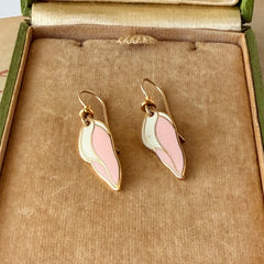 Vintage Laurel Burch “Barbee’s Blossom” Pink & White Enamel Gold‑Tone Dangle Earrings, 1980s