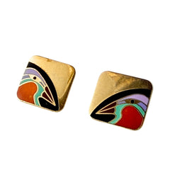 Vintage Laurel Burch “Tori Mon Bird of the Nile” square post earrings with orange, black, purple and green enamel bird motif on gold‑tone metal.