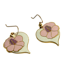 Vintage Laurel Burch Hibiscus Heart earrings with pink and white enamel flowers on gold‑tone heart dangles.
