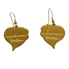 Vintage Laurel Burch Hibiscus Heart earrings with pink and white enamel flowers on gold‑tone heart dangles.