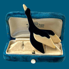 Vintage Lea Stein Flying Goose Brooch - Black & Cream