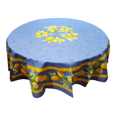 Provence coated cotton round tablecloth in blue with yellow lemon motif, green leaves, and lemon blossoms by Tissus Toselli.