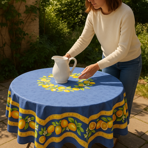 Provence coated cotton round tablecloth in blue with yellow lemon motif, green leaves, and lemon blossoms by Tissus Toselli.
