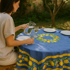 Provence coated cotton round tablecloth in blue with yellow lemon motif, green leaves, and lemon blossoms by Tissus Toselli.