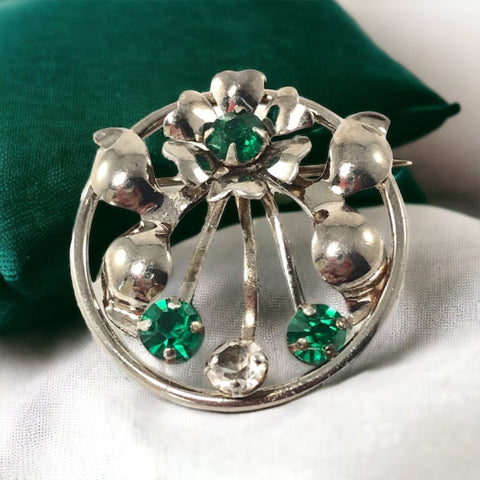 Vintage Leo Glass Emerald Rhinestones & Sterling Silver Round Floral Brooch