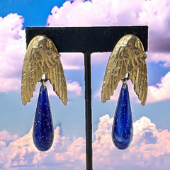 Vintage Les Bernard Angel Wings Blue Faux Lapis Drop Clip-on Earrings