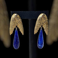 Vintage Les Bernard Angel Wings Blue Faux Lapis Drop Clip-on Earrings