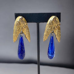 Vintage Les Bernard Angel Wings Blue Faux Lapis Drop Clip-on Earrings