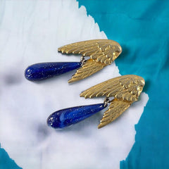 Vintage Les Bernard Angel Wings Blue Faux Lapis Drop Clip-on Earrings