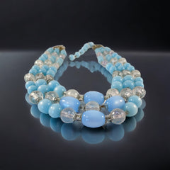 Vintage Light Blue Moonglow &amp; Clear Faceted Plastic 3-Strand Necklace | Pastel Blue Summer Colors Beaded Necklace | Jewelry Lover Gift