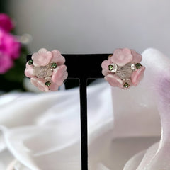 Vintage Pink Glass Flowers Clip-on Earrings