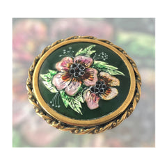 Vintage Limoges Enamel and Brass Signed J. Pineau Round Brooch