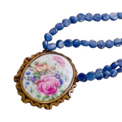 Vintage Limoges Floral Pendant & Blue Kyanite Necklace by Elisabeth Michel-Meyrueix