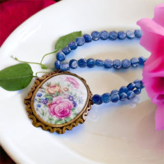 Vintage Limoges Floral Pendant & Blue Kyanite Necklace by Elisabeth Michel-Meyrueix