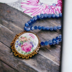 Vintage Limoges Floral Pendant & Blue Kyanite Necklace by Elisabeth Michel-Meyrueix