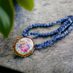 Vintage Limoges Floral Pendant & Blue Kyanite Necklace by Elisabeth Michel-Meyrueix