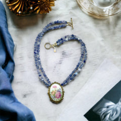 Vintage Limoges Floral Pendant & Blue Kyanite Necklace by Elisabeth Michel-Meyrueix